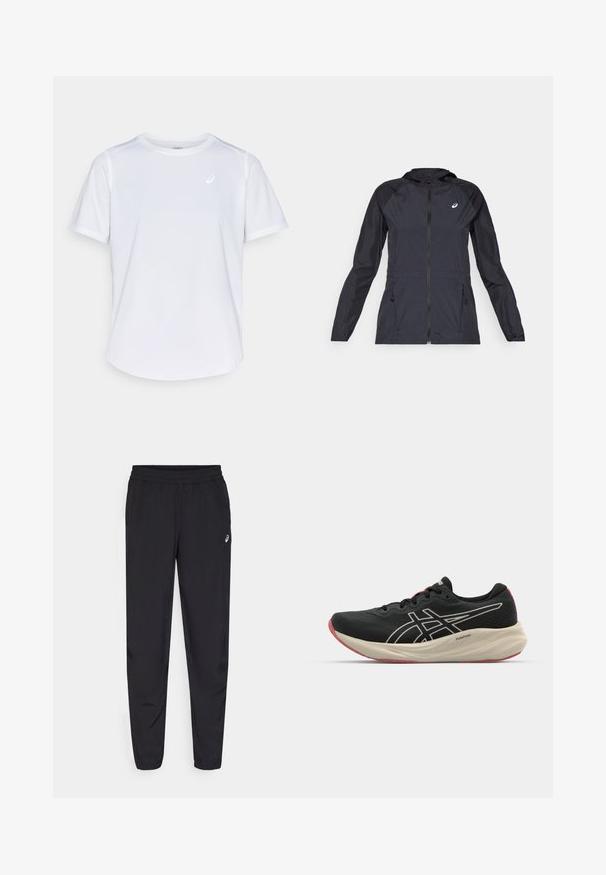 Casaco leve preto com capuz, zíper completo, dois bolsos laterais e painéis pretos contrastantes nos ombros e mangas.; T-shirt atlético branco, de mangas curtas, com gola redonda, feito de tecido que absorve a humidade, com um pequeno logotipo no peito, de textura leve.; Calças desportivas pretas com um cós elástico, pernas ajustadas com punhos, feitas de um material leve e suave, e um pequeno logotipo na coxa.; Sapatilha de corrida preta com parte superior em malha e detalhes brancos. Apresenta uma entressola almofadada e um detalhe na sola vermelha. Design leve.