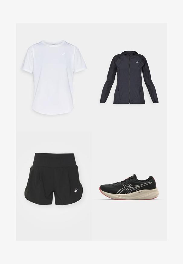 Black lightweight jacket with a hood, full zipper, two side pockets, and contrasting black panels on shoulders and sleeves.; White athletic t-shirt, short sleeves, crew neck, made of moisture-wicking fabric, featuring a small logo on the chest, lightweight texture.; Black athletic shorts with a wide waistband, pleated design, and a small white logo accent on the lower left side. Soft, lightweight material.; Black running shoe with a mesh upper and white accents. Features a cushioned midsole and red outsole detail. Lightweight design.