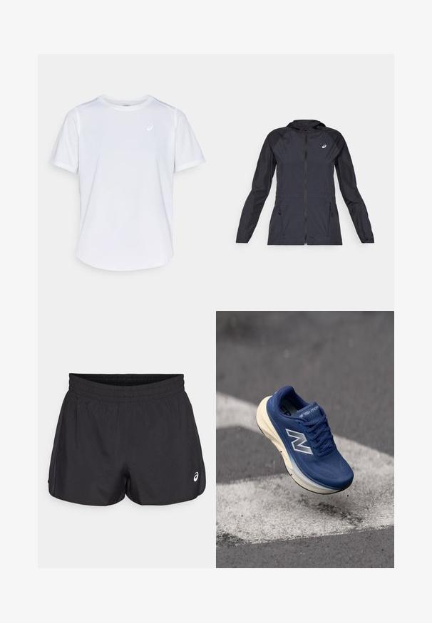Czarna, lekka kurtka z kapturem, z pełnym zamkiem błyskawicznym, dwoma bocznymi kieszeniami oraz kontrastującymi czarnymi panelami na ramionach i rękawach.; Biała koszulka sportowa, krótki rękaw, okrągły dekolt, wykonana z tkaniny odprowadzającej wilgoć, z małym logo na klatce piersiowej, o lekkiej strukturze.; Czarne sportowe szorty z elastycznym pasek, gładką teksturą, zaokrąglonym dołem i siateczkowymi akcentami po bokach. Mają małe logo z przodu.; Niebieski but do biegania z siateczkową cholewką, amortyzowaną podeszwą i widocznymi detalami przeszycia. Posiada jasną podeszwę środkową oraz czarną podeszwę zewnętrzną.