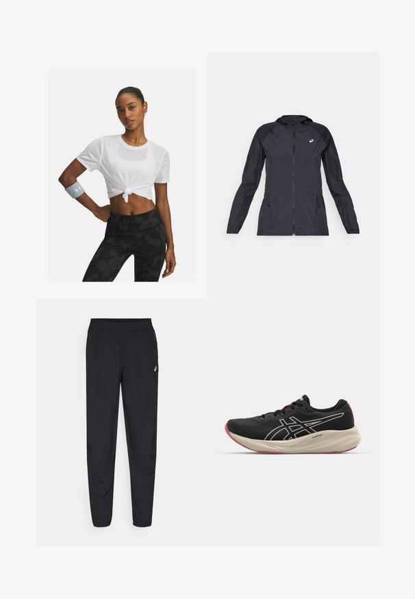 Musta kevyt takki hupulla, täysin vetoketjullinen, kahdella sivutaskulla ja kontrastoivilla mustilla paneeleilla hartioissa ja hihoissa.; Valkoinen verkkomainen crop-top, jossa on solmittu etuosa, yhdistettynä mustiin kuvioituihin korkeavyötäröisiin legginsseihin; asusteena harmaa rannekoru.; Mustat urheiluhousut, joissa on joustava vyötärö, kapenevat lahkeet resoreilla, kevyestä ja sileästä materiaalista sekä pieni logo reidessä.; Mustapohjainen juoksukenkä, jossa on verkkokangasta ja valkoisia yksityiskohtia. Varustettu pehmeällä välipohjalla ja punaisella pohjakuvioinnilla. Kevyt muotoilu.