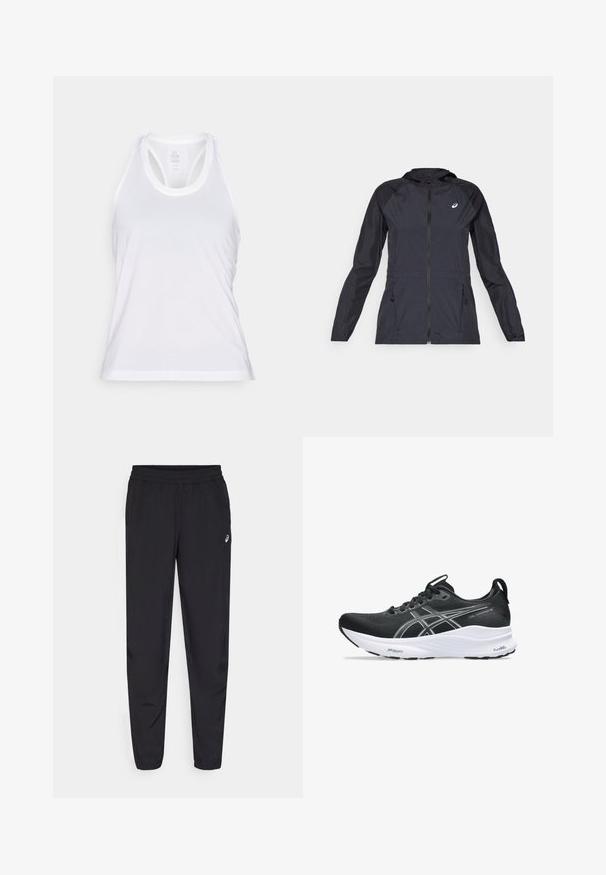 Giacca leggera nera con cappuccio, zip intera, due tasche laterali e pannelli neri a contrasto sulle spalle e sulle maniche.; Canotta sportiva bianca realizzata in tessuto traspirante, con scollatura arrotondata e design con schiena a corsetto, caratterizzata da cuciture texturizzate all'orlo.; Pantaloni sportivi neri con vita elastica, gambe affusolate con polsini, realizzati in un materiale leggero e liscio, con un piccolo logo sulla coscia.; Scarpa da corsa nera con tomaia in rete traspirante, dettagli argentati, logo discreto e una spessa intersuola bianca per l'ammortizzazione. Suoletta in gomma nera.