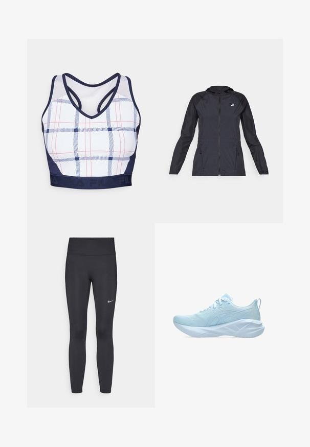 Veste légère noire avec capuche, fermeture éclair intégrale, deux poches latérales et panneaux noirs contrastants sur les épaules et les manches.; Soutien-gorge de sport à carreaux avec une base blanche, un motif à carreaux bleu et rouge, des finitions en marine, et un design dos nageur. Comprend une bande élastique avec logo.; Leggings noirs en tissu extensible, dotés d'une taille haute et d'un logo Nike blanc sur la cuisse gauche. Texture lisse, design ajusté.; Baskets de sport bleu clair avec un dessus en mesh, des lacets plats et une semelle épaisse et texturée avec des accents géométriques pour la stabilité.