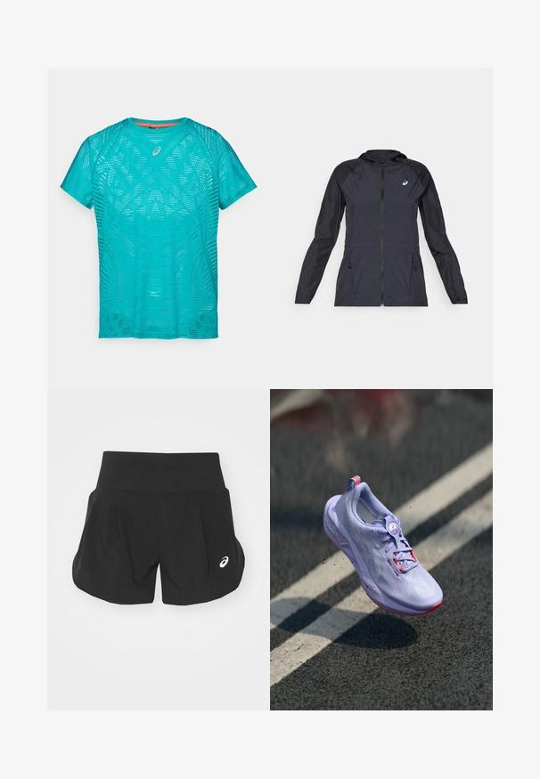 Giacca leggera nera con cappuccio, zip intera, due tasche laterali e pannelli neri a contrasto sulle spalle e sulle maniche.; T-shirt sportivo turchese caratterizzato da un design traspirante e perforato, maniche corte e un collo rotondo con un sottile dettaglio del logo.; Pantaloni corti sportivi neri con un ampio elastico in vita, design plissettato e un piccolo logo bianco accentato sul lato sinistro inferiore. Materiale morbido e leggero.; Scarpa da corsa di colore viola chiaro con una tomaia texturizzata, dettagli rosa, un meccanismo di allacciatura rotondo e una suola maculata, elevata sopra uno sfondo di pavimentazione.