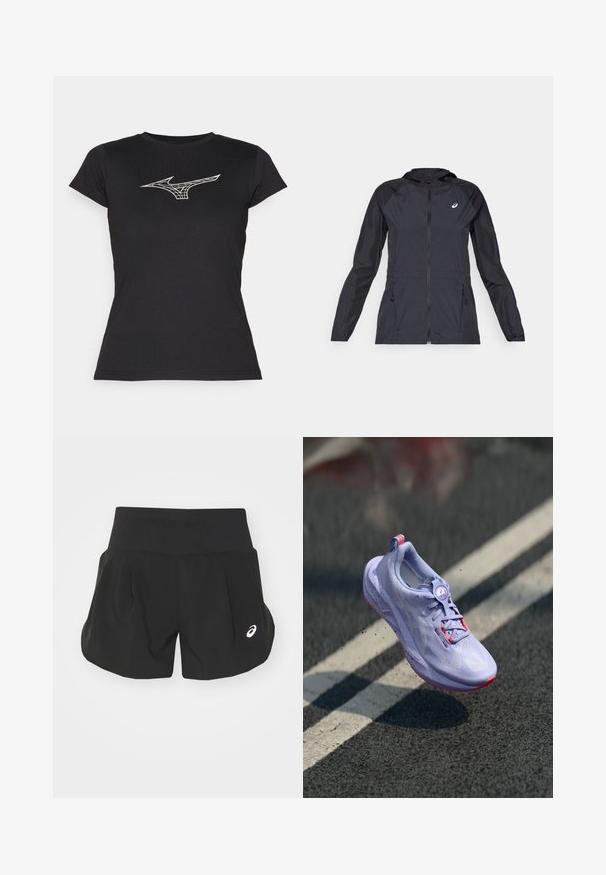 Melns viegls mētelis ar kapuci, pilna rāvējslēdzēja aizdare, divas sānu kabatas un kontrastējoši melni paneļi plecos un piedurknēs.; Melna īsām piedurknēm T-kreklā izgatavots no kokvilnas, ar baltu ģeometrisku Mizuno logotipu priekšpusē. Klasisks apaļā kakla dizains.; Melnas sporta šorts ar platām jostām, plisētu dizainu un mazu balto logotipu kreisajā apakšējā pusē. Mīksts, viegls materiāls.; Gaiši violeta skriešanas apavi ar teksturētu virsmas materiālu, rožīgu akcentu, apaļu šņorēšanas mehānismu un punktētu zoli, izbīdīti virs asfalta fona.