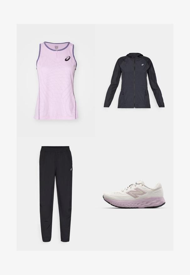Schwarze leichte Jacke mit Kapuze, durchgehendem Reißverschluss, zwei Seitentaschen und kontrastierenden schwarzen Einsätzen an Schultern und Ärmeln.; Helllila Sporttanktop mit einem Reißverschluss vorne, ausgestattet mit einem strukturierten Design und kontrastierenden dunkel-lila Akzenten am Halsausschnitt und an den Seiten.; Schwarze Sporthosen mit einem elastischen Bund, schmal zulaufenden Beinen mit Bündchen, aus leichtem, glattem Material und einem kleinen Logo am Oberschenkel.; Leichter Laufschuh aus weißem Mesh mit einer rosa Zwischensohle. Verfügt über eine strukturierte Sohle und ein Seitenlogo, das für Komfort und Unterstützung entwickelt wurde.