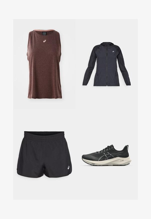 Schwarze leichte Jacke mit Kapuze, durchgehendem Reißverschluss, zwei Seitentaschen und kontrastierenden schwarzen Einsätzen an Schultern und Ärmeln.; Braunes, ärmelloses Sporttanktop mit rundem Halsausschnitt, das ein kleines weißes Logo auf der Brust und einen strukturierten, weichen Stoff hat.; Schwarze Sport Shorts mit einem elastischen Bund, glatter Textur, geschwungenem Saum und seitlichen Mesh-Akzenten. Mit einem kleinen Logo auf der Vorderseite.; Schwarzer Sportschuh mit einem schlanken Design, gekrümmter Sohle und einer strukturierten Oberseite mit kontrastierenden weißen Akzenten an der Seite.