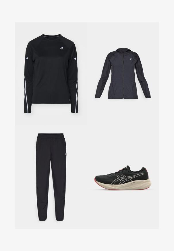 Schwarze leichte Jacke mit Kapuze, durchgehendem Reißverschluss, zwei Seitentaschen und kontrastierenden schwarzen Einsätzen an Schultern und Ärmeln.; Schwarzes langärmliges Sportshirt mit Raglanärmeln, weißen reflektierenden Streifen an den Seiten und einem runden Ausschnitt. Mit kleinem Logo auf der Brust.; Schwarze Sporthosen mit einem elastischen Bund, schmal zulaufenden Beinen mit Bündchen, aus leichtem, glattem Material und einem kleinen Logo am Oberschenkel.; Schwarzer Sportschuh mit einem Obermaterial aus Mesh und weißen Akzenten. Verfügt über eine gepolsterte Mittelsohle und ein rotes Außensohlen-Detail. Leichtes Design.