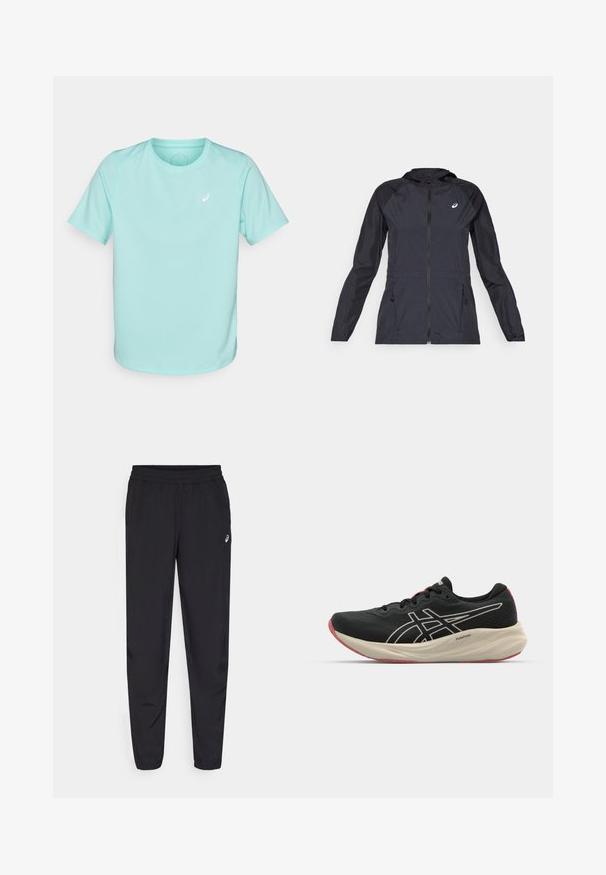 Juoda lengva striukė su kapišonu, pilnu užtrauktuku, dviem šoninėmis kišenėmis ir kontrastingomis juodomis dalimis ant pečių ir rankovių.; Šviesiai mėlyna trumpomis rankovėmis sportinė marškinėliai, pagaminti iš drėgmę eliminuojančios medžiagos, su mažyte baltu logotu krūtinėje ir apvalia iškirpte.; Juodos sportinės kelnės su elastingu juosmeniu, siaurėjančiomis kojomis su gumytėmis, pagamintos iš lengvo, glotnaus audinio, su maža logo ant šlaunies.; Juodas bėgimo batelis su tinklinio audinio viršutine dalimi ir baltais akcentais. Yra paminkštintas tarpiklis ir raudona pado detalė. Lengvas dizainas.