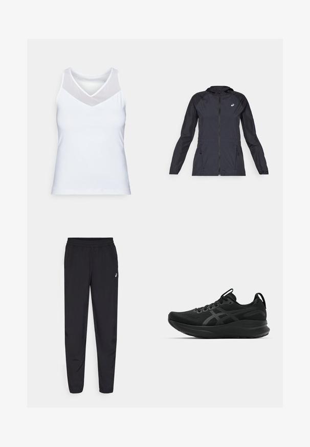 Juoda lengva striukė su kapišonu, pilnu užtrauktuku, dviem šoninėmis kišenėmis ir kontrastingomis juodomis dalimis ant pečių ir rankovių.; Balta maža rankovėliams tinkama marškinėliai, pagaminti iš lygaus audinio, su V formos iškirpte ir permatomais tinklo akcentais ant pečių. Paprastas ir prigludęs dizainas.; Juodos sportinės kelnės su elastingu juosmeniu, siaurėjančiomis kojomis su gumytėmis, pagamintos iš lengvo, glotnaus audinio, su maža logo ant šlaunies.; Juodi sportiniai bateliai su kvėpuojančia viršutine dalimi, tekstūruota medžiaga, storu padu ir subtiliais prekių ženklo akcentais. Šnervių ir kilpos elementai įtraukti.
