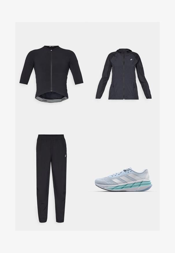 Svart lett jakke med hette, hel glidelås, to sidelommer og kontrasterende svarte paneler på skuldrene og ermene.; Svart sykkeltrøye med 3/4 erm, glidelås foran, ribbet tekstur og buet nederkant. Har POC-logo på innsiden av midjebåndet.; Svart idrettsbukser med elastisk linning, smale ben med mansjetter, laget av et lett og glatt materiale, med en liten logo på låret.; Lys blå sportsko med en teksturert strikkoverdel, hvite detaljer og en transparent grønn mellomsåle. Rund tå og polstret krage.