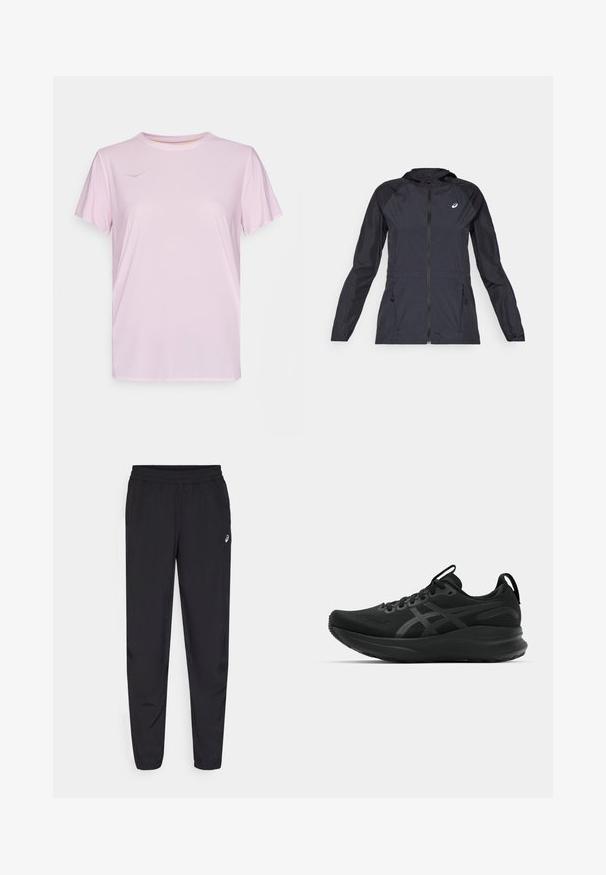 Casaco leve preto com capuz, zíper completo, dois bolsos laterais e painéis pretos contrastantes nos ombros e mangas.; HOKA AIROLITE RUN SHORT SLEEVE - T-shirt desportiva - pink twilight; Calças desportivas pretas com um cós elástico, pernas ajustadas com punhos, feitas de um material leve e suave, e um pequeno logotipo na coxa.; Ténis atléticos pretos com um upper respirável, tecido texturizado, sola espessa e detalhes de marca discretos. Cadarços e aba de puxar incluídos.
