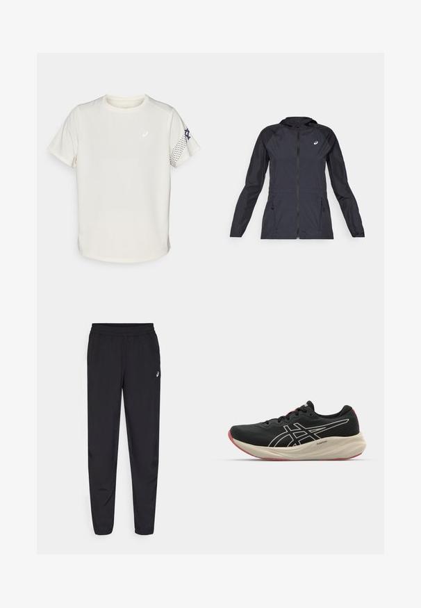 Černá lehká bunda s kapucí, plným zipem, dvěma bočními kapsami a kontrastními černými panely na ramenou a rukávech.; Svetle béžové sportovní tričko vyrobené z prodyšného materiálu. Má krátké rukávy, kulatý výstřih a tečkovaný vzor na pravém rukávu.; Černé sportovní kalhoty s elastickým pasem, tapered nohavicemi se manžetami, vyrobené z lehkého hladkého materiálu a s malým logem na stehně.; Černá běžecká obuv s síťovinovým svrškem a bílými akcenty. Obsahuje polstrovanou mezipodešev a červené detaily na podrážce. Lehké provedení.