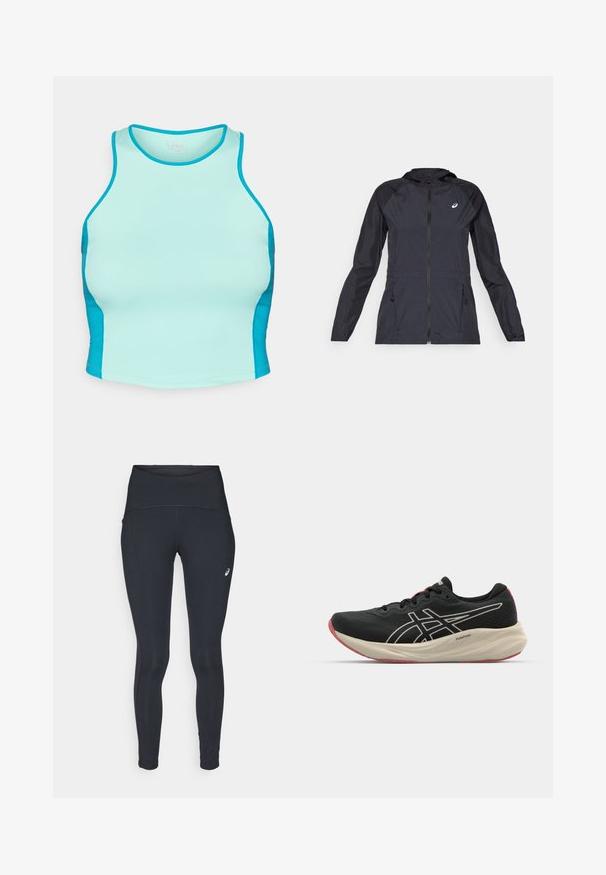 Jachetă ușoară neagră cu glugă, fermoar complet, două buzunare laterale și panouri contrastante negre pe umeri și mâneci.; Un top sport fitted în aqua deschis, cu panouri laterale aqua mai închis. Fabricat dintr-un material elastic cu o textură netedă și decolteu rotund.; ASICS ROAD HIGH WAIST - Colanți de iarnă - performance black; Pantofila de alergare neagră cu un superior din plasă și accente albe. Prezintă o talpă intermediară cusută și detalii roșii la talpă. Design ușor.