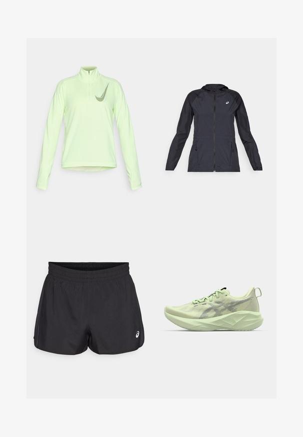 Black lightweight jacket with a hood, full zipper, two side pockets, and contrasting black panels on shoulders and sleeves.; Light green long-sleeve pullover made of stretchy material, featuring a half-zip neck and a subtle logo detail on the chest.; Black athletic shorts with an elastic waistband, smooth texture, curved hem, and side mesh accents. Features a small logo on the front.; Light green athletic shoe featuring a mesh upper, textured accents, and a thick, angular sole for enhanced cushioning and support.