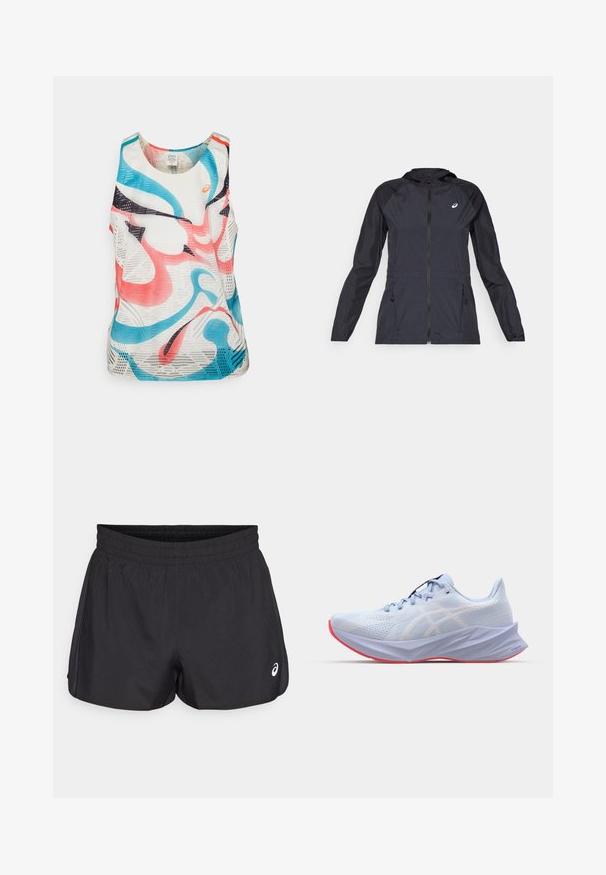 Must tume kerge jope kapuutsiga, täispikk tõmblukk, kaks küljetaskut ja kontrastsed mustad paneelid õlgadel ja varrukatel.; Kätkema athletic tank top, mis on valmistatud hingavast võrkkangast. Omab abstraktseid mustreid roosa, sinise ja musta värviga valgel taustal.; Mustad must sportliku elastse vööga, siledat tekstuuri, kaardus alläärega ja külgmistevõrkaktsentidega. Esiküljel on väike logo.; Heledsinine sportlik king, millel on tekstuuriga võrgusilm ülemine osa, valged logo aktsendid, pehmendusega tald ning roosa välistald. Omab voolujoonelist ja ergonoomilist disaini.