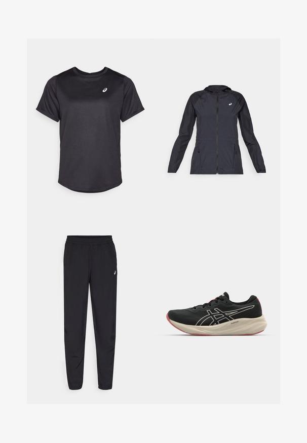 Černá lehká bunda s kapucí, plným zipem, dvěma bočními kapsami a kontrastními černými panely na ramenou a rukávech.; Černé atletické tričko vyrobené z hladké, vlhkosti schopné tkaniny. Má klasický kulatý výstřih a krátké rukávy. Logo v bílé barvě na levé straně hrudi.; Černé sportovní kalhoty s elastickým pasem, tapered nohavicemi se manžetami, vyrobené z lehkého hladkého materiálu a s malým logem na stehně.; Černá běžecká obuv s síťovinovým svrškem a bílými akcenty. Obsahuje polstrovanou mezipodešev a červené detaily na podrážce. Lehké provedení.