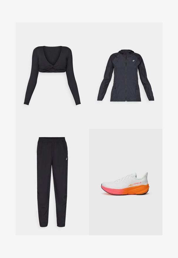 Musta kevyt takki hupulla, täysin vetoketjullinen, kahdella sivutaskulla ja kontrastoivilla mustilla paneeleilla hartioissa ja hihoissa.; Musta pitkähihainen crop-top, jossa on syvä V-pääntie ja kiertynyt etuosa, valmistettu sileästä ja joustavasta materiaalista.; Mustat urheiluhousut, joissa on joustava vyötärö, kapenevat lahkeet resoreilla, kevyestä ja sileästä materiaalista sekä pieni logo reidessä.; Valkoinen urheilukenkä, jossa on teksturoitu päällinen, värikkäällä oranssilla ja vaaleanpunaisella gradienttivarren pohjalla, ja merkittävä logo sivussa.
