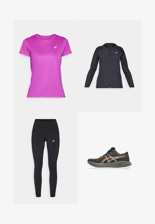Must tume kerge jope kapuutsiga, täispikk tõmblukk, kaks küljetaskut ja kontrastsed mustad paneelid õlgadel ja varrukatel.; ASICS CORE TOP - Spordi T-särk - bold magenta; ASICS NAGINO RUN - Jooksupüksid - performance black; Tume oliivroheline jooksujalats paksu halli tallaga, mustade paeltega ja küljel punaste ja valgete triipudega logoga.
