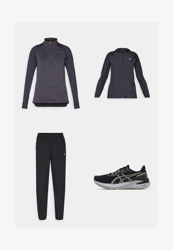 Fekete, könnyű dzseki kapucnival, teljes cipzárral, két oldalsó zsebbel és kontrasztos fekete panelek a vállakon és a ujjakon.; Hosszú ujjú pulóver sötétszürke textúrált anyagból, negyedzipzáros nyakkal és testhez simuló ujjal. Diszkrét márkajelzés található a mellkason.; Fekete sportnadrág rugalmas derékkal, keskenyedő lábszárral és összehúzással, könnyű, sima anyagból készült, kis logóval a combon.; Fekete futócipő hálós felsőrésszel, reflektáló részletekkel és fehér középtalppal. Texturált gumi talp a tapadás érdekében, könnyű kialakítás.