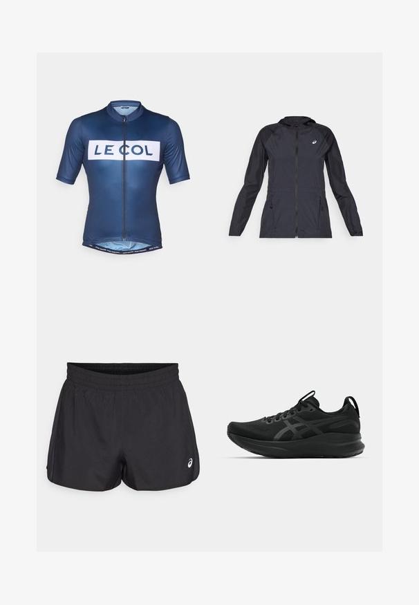 Juoda lengva striukė su kapišonu, pilnu užtrauktuku, dviem šoninėmis kišenėmis ir kontrastingomis juodomis dalimis ant pečių ir rankovių.; Jūros kariuomenės dviračių marškinėliai, pagaminti iš lygaus, lengvo audinio; trumpomis rankovėmis; priekyje su užtrauktuku; krūtinėje yra balti žodžiai "LE COL".; Juodi sportiniai šortai su elastingu juosmeniu, lygiu paviršiumi, kreiva apdaila ir šoniniais tinkliniais akcentais. Priekyje yra mažas logotipas.; Juodi sportiniai bateliai su kvėpuojančia viršutine dalimi, tekstūruota medžiaga, storu padu ir subtiliais prekių ženklo akcentais. Šnervių ir kilpos elementai įtraukti.