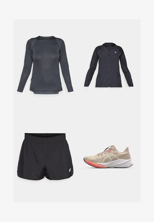 Casaco leve preto com capuz, zíper completo, dois bolsos laterais e painéis pretos contrastantes nos ombros e mangas.; Camisa atlética de manga longa em tecido cinza escuro com um design texturizado, decote redondo e fendas laterais para maior liberdade de movimento.; Shorts desportivos pretos com um cós elástico, textura suave, bainha curva e detalhes em malha nas laterais. Apresenta um pequeno logótipo na parte da frente.; Sapatilha de corrida rosa clara com parte superior em malha, entressola branca e detalhes laranja na sola. Apresenta um design elegante e aerodinâmico.