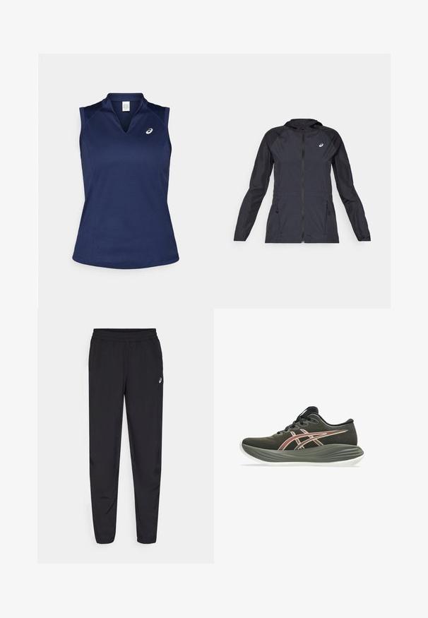 Fekete, könnyű dzseki kapucnival, teljes cipzárral, két oldalsó zsebbel és kontrasztos fekete panelek a vállakon és a ujjakon.; Sötétkék ujjatlan sportpóló V-kivágással, sima, nedvességtaszító anyagból készült; lapos varrásokkal és egy kis logóval a bal mellen.; Fekete sportnadrág rugalmas derékkal, keskenyedő lábszárral és összehúzással, könnyű, sima anyagból készült, kis logóval a combon.; Sötét olíva zöld futócipő vastag szürke talppal, fekete fűzőkkel és piros-fehér csíkozású logóval az oldalán.