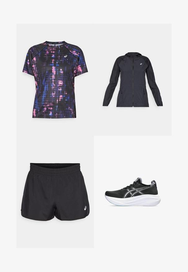 Chaqueta ligera negra con capucha, cremallera completa, dos bolsillos laterales y paneles negros en contraste en los hombros y las mangas.; Camiseta atlética de manga corta con una base negra y un patrón abstracto multicolor en rosa y azul. Fabricada en un tejido ligero y transpirable.; Pantalones cortos deportivos negros con cintura elástica, textura suave, dobladillo curvado y acentos de malla en los lados. Presenta un pequeño logo en la parte delantera.; Zapatillas deportivas negras con una parte superior texturizada, media suela blanca acolchada y detalles en plateado en los lados. Cuenta con puntera redonda y cierre de cordones.