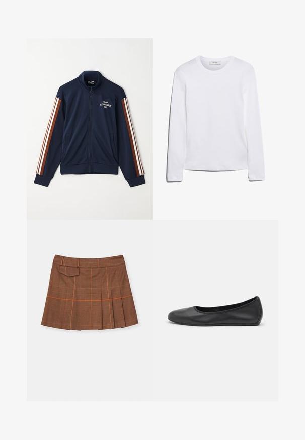 Navy-tyylinen vetoketjullinen track-takki, joka on valmistettu sileästä kankaasta. Takissa on ruskeat ja valkoiset raitakoristeet hihoissa sekä "MILANO GYMNASIUM" -teksti.; Pitkähihainen valkoinen T-paita, joka on valmistettu ribbitetystä puuvillasta, ja siinä on pyöreä kaula-aukko sekä suora helma. Yksinkertainen muotoilu ilman kuvioita tai yksityiskohtia.; Ruskea ruutuhame, jossa on poimutettu malli, oranssit yksityiskohdat ja sivutasku. Valmistettu tekstuuri materiaalista, jossa on tiukka vyötärö.; Musta nahkainen ballerina, jossa on pyöristetty kärki, sileä pinta, minimaalinen ommelkoristelu ja joustava pohjamuotoilu.