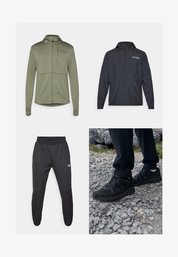 Lagani crni kaput s kapicom, zatvaranjem na zatvarač i logom Columbia. Karakterizira ga glatka tekstura i elastične manžete za udoban fit.; Maslinasto zelena jakna dugih rukava s patentnim zatvaračem, teksturiranim mrežastim uzorkom, kapuljačom i džepom na prsima. Ima kontrastne šavove i otvore za palčeve.; Crna majica od gladkog materijala, s okruglim izrezom i kratkim rukavima. Diskretno brendiranje otisnuto crnom bojom na prsima.; Crne trenirke s elastičnom trakicom u struku, suženog kroja, elastičnim manžetama i malim bijelim logom na lijevom bedru, izrađene od glatkog materijala.; Crne vanjske cipele s mrežastim i sintetičkim materijalom, s teksturiranim gornjim dijelom, osiguranim sustavom vezanja i čvrstim potplatom, na stjenovitom terenu.