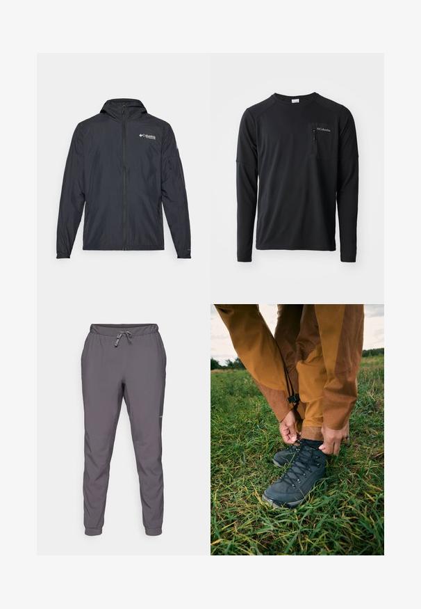 Viegls melns apģērbs ar kapuci, ar rāvējslēdzēja aizdari un Columbia logotipu. Iezīmē gludu tekstūru un elastīgus piedurkņu galus ciešai piegādei.; Columbia COLUMBIA TECH™ LONG SLEEVE CREW - Tops ar garām piedurknēm - black; Pelēki, viegli, elastīgas jostas bikses ar regulējamu auklu; sašaurinātas kājas; gluda tekstūra; ar logo detaļu sānos.; Melni pārgājienu zābaki ar faktūrētām augšdaļām un auklām, valkāti ar brūniem ūdensnecaurlaidīgiem biksēm, novietoti zaļajā zālē zem mākoņainām debesīm.