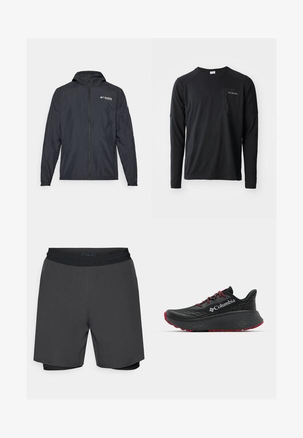 Könnyű fekete dzseki kapucnival, cipzáros záródással és Columbia logóval. Simább textúrával és elasztikus mandzsettákkal rendelkezik a kényelmes illeszkedés érdekében.; Columbia COLUMBIA TECH™ LONG SLEEVE CREW - Hosszú ujjú felső - black; Férfi rövidnadrág sötétszürke színben, fekete rugalmas derékrésszel és belső illeszkedő réteggel. Sima textúra, térd hosszúságú fazon.; Fekete sportcipő texturált felsőrésszel, piros fűzőkkel és logóval. Vastag talp, mintás járófelülettel a tapadásért. Minimalista dizájn, oldalnézet.