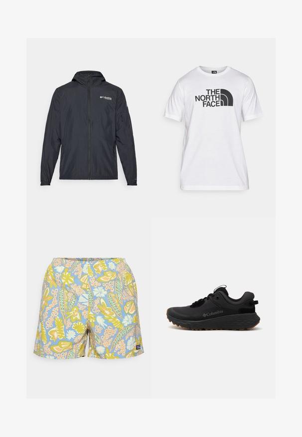 Lightweight black jacket with hood, zip closure, and Columbia logo. Features smooth texture and elastic cuffs for a snug fit.; White cotton t-shirt featuring a black graphic print with text and a curved logo design. Round neckline and short sleeves. Plain texture.; Men's swim shorts in a blue fabric featuring a colorful floral and leafy pattern with yellow, pink, and green accents. Elastic waistband, relaxed fit.; Black Columbia athletic shoe with a textured surface, padded collar, and rubber outsole featuring a distinct pattern for traction.