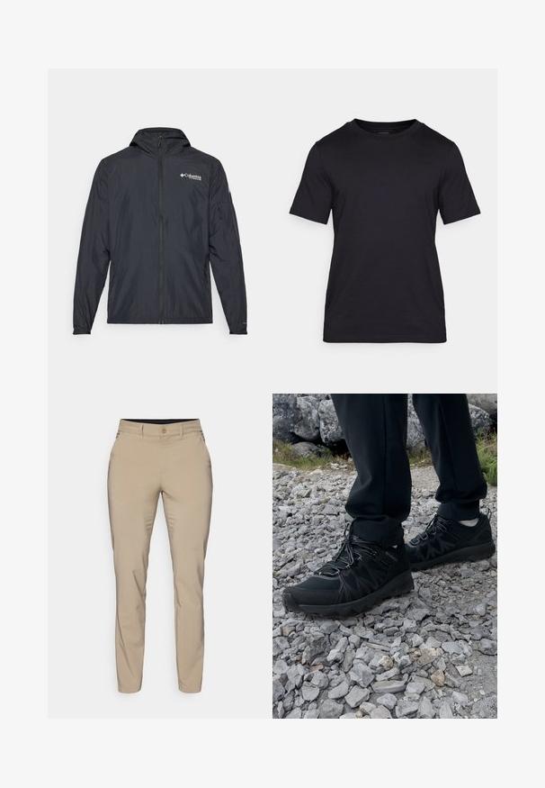 Lehká černá bunda s kapucí, zipovým uzávěrem a logem Columbia. Má hladkou strukturu a elastické manžety pro pohodlné nošení.; Černé tričko vyrobené z hladkého materiálu, s kulatým výstřihem a krátkými rukávy. Diskrétní značení potištěné černou barvou na hrudi.; Beige kalhoty vyrobené z hladké látky s úzkým střihem, s jedním knoflíkem na zapínání a bočními kapsami, končící na kotníku.; Černé venkovní boty z prodyšného a syntetického materiálu, s texturovaným svrškem, bezpečným šněrovacím systémem a robustní podrážkou, na skalnatém terénu.