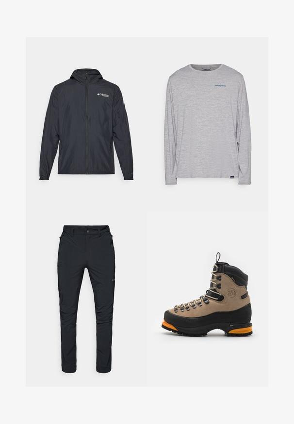 Chaqueta negra ligera con capucha, cierre de cremallera y logo de Columbia. Presenta una textura suave y puños elásticos para un ajuste ceñido.; Camiseta de manga larga gris claro hecha de un tejido suave y texturizado. Presenta un cuello redondo y un pequeño logo azul de Patagonia en el pecho.; Pantalones exteriores negros con un corte recto, que cuentan con bolsillos con cremallera, trabillas para cinturón y una textura de tela ligera y duradera.; Bota de senderismo de ante marrón y cuero negro con acentos naranjas, ojales de metal y suela de goma gruesa. Cuenta con una puntera reforzada y un alto soporte para el tobillo.