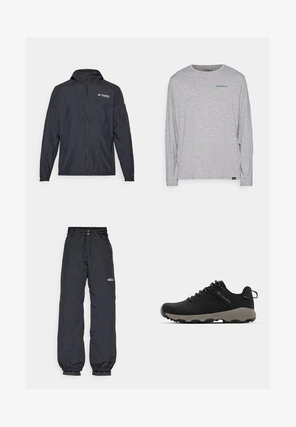 Viegls melns apģērbs ar kapuci, ar rāvējslēdzēja aizdari un Columbia logotipu. Iezīmē gludu tekstūru un elastīgus piedurkņu galus ciešai piegādei.; Gaiši pelēks garām piedurknēm t-krekls, izgatavots no mīksta, teksturēta auduma. Ar apaļu izgriezumu un nelielu zilu Patagonia logotipu uz krūtīm.; Melnas ūdensizturīgas bikses ar regulējamu jostasvietu, elastīgām piedurknēm un mazu logo uz augšstilba; viegls audums.; Melnas pārgājienu kurpes ar gludu virsu, perforētu dizainu, pelēku zoli un nostiprinātu papēdi. Iekļauj auklas un cilpu vieglai uzvilkšanai.