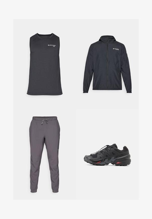 Ľahká čierna bunda s kapucňou, so zipsom a logom Columbia. Obsahuje hladký povrch a elastické manžety pre tesné uchytenie.; Bezrukávový tmavosivý športový tielko vyrobené z textúrovanej látky, s okrúhlym výstrihom a malou logom na prednej strane.; Sivé, ľahké nohavice s elastickým pásom a nastaviteľnou šnúrkou; zúžené nohavice; hladká textúra; obsahuje logo detail na boku.; Čierne bežecké topánky so syntetickým zvrškom, textúrovaným dizajnom a kontrastnými červenými akcentmi. Obsahujú zabezpečený systém šnúrovania a robustnú podrážku.