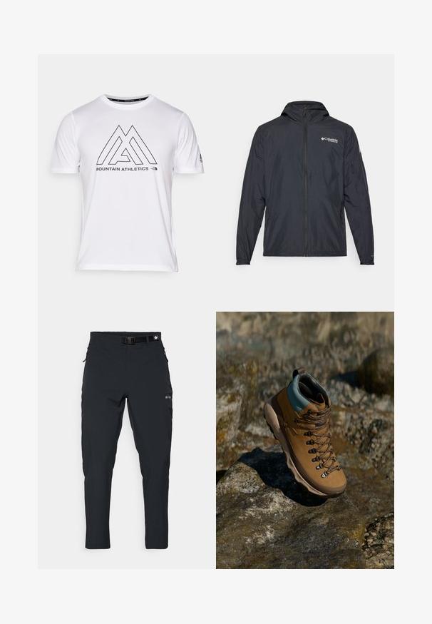 Lahka črna jakna s kapuco, z zadrgo in logotipom Columbia. Ima gladko teksturo in elastične manšete za tesen fit.; Bela kratka majica s kratkimi rokavi z črnim geometrijskim logotipom, ki na sprednji strani navaja "MOUNTAIN ATHLETICS". Narejena je iz gladkega, lahkega materiala.; Columbia ESSENTIAL HIKE™ PANT - Hlače za na prostem - black; Rjava pohodniška čevlja s sintetičnim zgornjim delom, svetlo modrim ovratnikom, kovinskimi okovji in teksturiranim gumijastim podplatom. Namenjena so zunanjim aktivnostim.