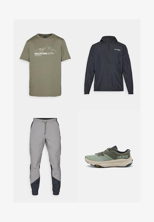 Lehká černá bunda s kapucí, zipovým uzávěrem a logem Columbia. Má hladkou strukturu a elastické manžety pro pohodlné nošení.; Peak Performance EXPLORE GRAPHIC TEE - Triko s potiskem - pine needle; Lehké šedé sportovní kalhoty s černými detaily. Elastický pas, stahovací šňůrka, tapered nohavice a boční kapsy.; Běžící boty Hoka s horní částí z zelené síťoviny, béžovou mezipodešví, černými akcenty a podrážkou Vibram. Vynikají unikátním systémem šněrování.