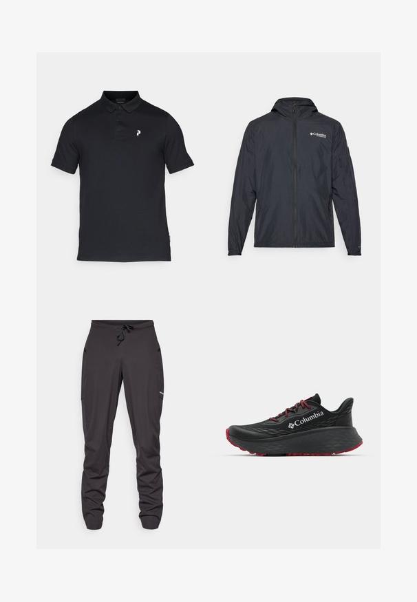 Lätt svart jacka med huva, dragkedjestängning och Columbia-logotyp. Har en slät yta och elastiska ärmslut för en tät passform.; Svart pikétröja i bomull, med krage, tre knappar och en liten vit logotyp på vänster bröst. Kort ärm, klassisk passform.; Svarta träningbyxor med dragsnöre, sidofickor, något skrynklig tyg och en liten synlig logotyp på höger lår.; Svart sportskor med strukturerad ovandel, röda snören och logotyp. Tjock sula med mönstrad slitbana för bra grepp. Minimalistisk design, sidovy.