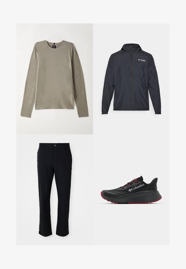 Veste légère noire avec capuche, fermeture éclair et logo Columbia. Présente une texture lisse et des poignets élastiques pour un ajustement près du corps.; T-shirt à manches longues, col rond en tissu gris clair. Présente des coutures plates et des fentes latérales pour un confort de mouvement, avec une texture lisse et douce.; Pantalon noir avec fermeture à bouton, coupe droite, texture lisse et poches latérales, adapté à diverses occasions.; Chaussure de sport noire avec tige texturée, lacets rouges et logo. Semelle épaisse avec motif de la semelle pour une meilleure adhérence. Design minimaliste, vue de côté.