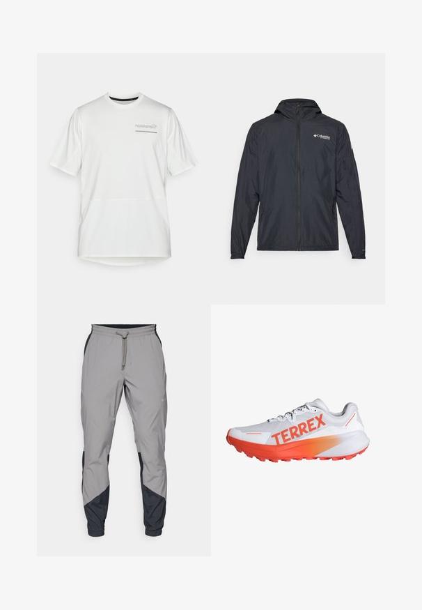 Lett svart jakke med hette, glidelås og Columbia-logo. Har glatt tekstur og elastiske mansjetter for en tettsittende passform.; Hvit atletisk t-skjorte laget av lett materiale, med korte ermer, rund hals, og en subtil logo trykket i grått på brystet.; Lettvektige, grå treningsbukser med svarte detaljer. Elastisk midjebånd, snøring, tapered benedesign og sidelommer.; Hvit løpesko med lyse oransje aksenter og "TERREX" merke. Har øvre del i strukturert mesh og en polstret såle med trekkmønster.