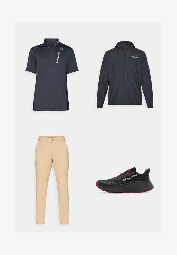 Kerge must kece, milles on kapuuts, tõmblukk ja Columbia logo. Omab siledat tekstuuri ja elastseid mansette, et istuda mugavalt.; Must mustrinda lühikeste varrukatega, mustriline krae, rinna tasku lukuga ja tekstuuriga külgedel. Logo detail ees vasakul.; Beige cargo püksid, millel on nööpkinnitus, kitsas lõige, küljetaskud ja sile puuvillane segakanga materjal. Ilma nähtavate mustrite või aksesuaarideta.; Mustan värvi spordijalats tekstuuriga pealisega, punaste paelte ja logoga. Paksem tallaga, millel on mustritooted kaheksast edasi liikumiseks. Minimalistlik disain, külgvaade.