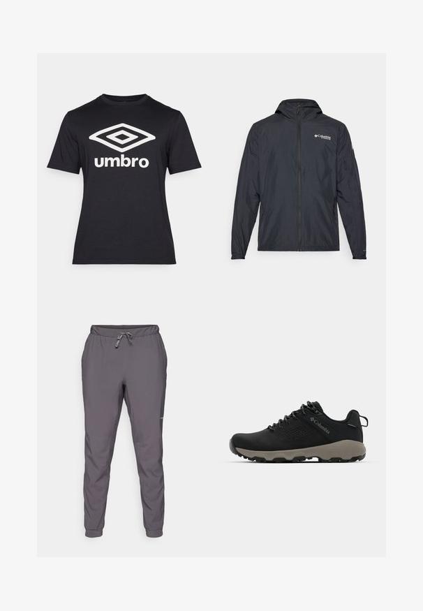 Lengvas juodas švarkas su kapišonu, užtrauktuku ir "Columbia" logotipu. Pasižymi lygiu paviršiumi ir elastingomis rankovėmis, užtikrinančiomis tvirtą prigludimą.; Juodas trumpomis rankovėmis medvilnės marškinėliai, su dideliu baltu deimanto logotipu ir tekstu "umbro" ant priekio. Klasikinis siluetas.; Pilkos, lengvos, elastingos juosmens kelnės su reguliuojama raišteliu; siaurėjančios kojos; glotni tekstūra; šone yra logotipo detalė.; Juodas žygio batukas su lygiu viršumi, perforuotu dizainu, pilku padu ir sustiprintu kulnu. Yra raišteliai ir kilputė, skirta patogiam užsivilkimui.