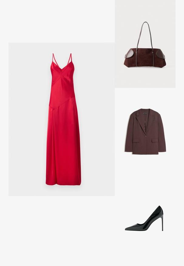 Maronfarbener Blazer aus strukturiertem Stoff, mit Reverskragen, einfacher Knopfleiste und zwei vorderen Taschen.; Rotes Satin-Kleid mit einem tiefen V-Ausschnitt, dünnen Trägern und einer fließenden Silhouette. Verfügt über ein asymmetrisches Design und ist knielang.; Schwarze Lackleder-Stiletto-Pump mit spitzem Zehenbereich und glatter, glänzender Oberfläche; hoher, schlanker Absatz; minimalistisches Design.; Braune Wildledertasche mit Lederakzenten, strukturiertem Design, doppelten Schulterriemen und abgerundeten Kanten, ausgestattet mit einer glatten Textur und minimalem Hardware.