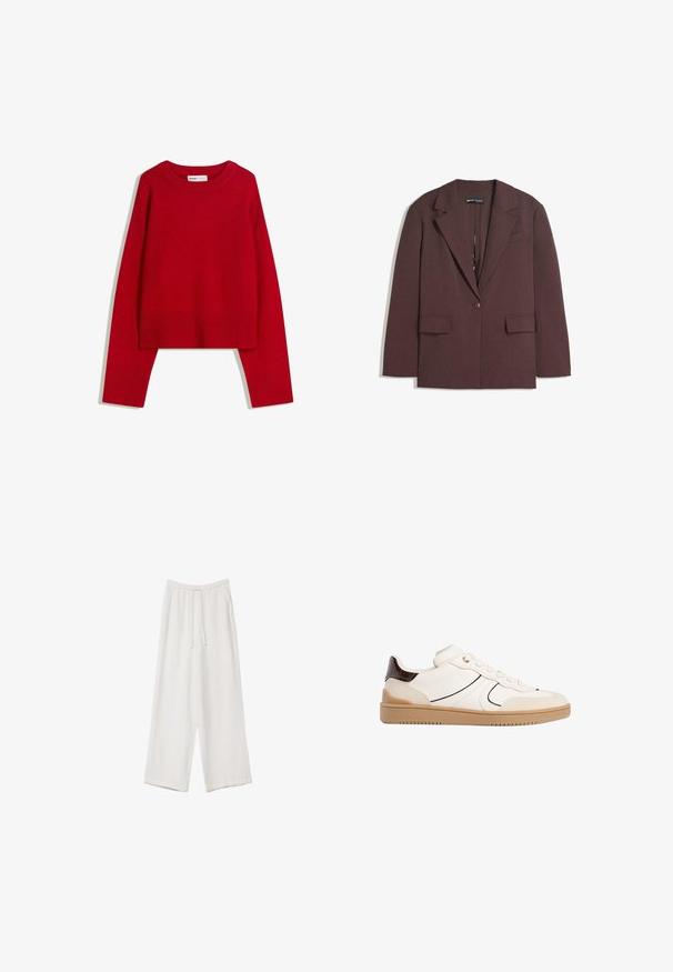 Burgundinen bleiseri, joka on valmistettu teksturoidusta kankaasta, jossa on viiksikaulus, yksittäinen nappisuljenta ja kaksi etutaskua.; Punainen neulepusero, jossa on pyöreä kaula-auko, pitkät hihat ja ribbaustekniikalla valmistetut hihansuut ja helma. Valmistettu pehmeästä, teksturoidusta kankaasta. Lyhennetty malli.; Valkoiset leveälahkeiset housut kevyestä kankaasta. Ominaisuuksiin kuuluu elastinen vyötärö, jossa on nauhakuuluma ja sivutaskut. Sileä rakenne.; Stradivarius Matalavartiset tennarit - white