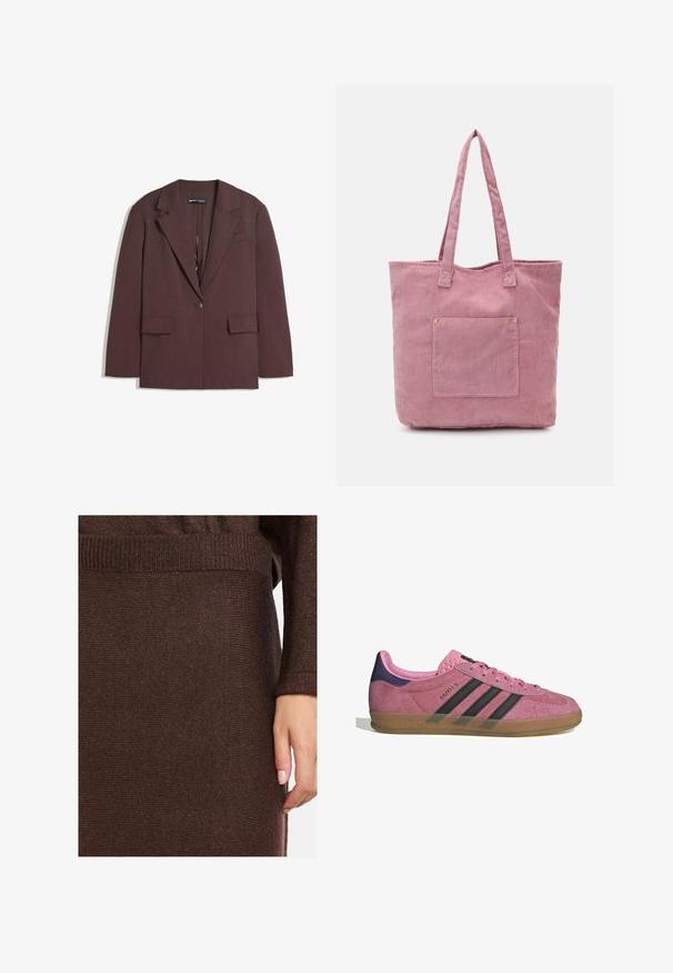 Bordo blazer iz teksturiranega materiala, z notch ovratnikom, enojnim gumbom in dvema sprednjima žepoma.; Svetlo roza bombažna majica s kratkimi rokavi, krožnim izrezom, s črnim Adidas logotipom in napisom na levi strani prsi. Gladka tekstura.; Temno rjav pleten pulover z rebrastimi manšeti in robom ter subtilnim sijajem. Material se zdi mehak in teksturiran. Ena roka je vidna.; Roza semišna tenisača z črnimi stripe, gumijastim podplatom in teksturiranim vijoličastim petnim delom. Ima vezalni dizajn in embosirano blagovno znamko na strani.; Roza kordna torba z dvema dolgima ročajema, ki ima sprednji žep in subtilno rebrasto teksturo. Gladek notranji del.