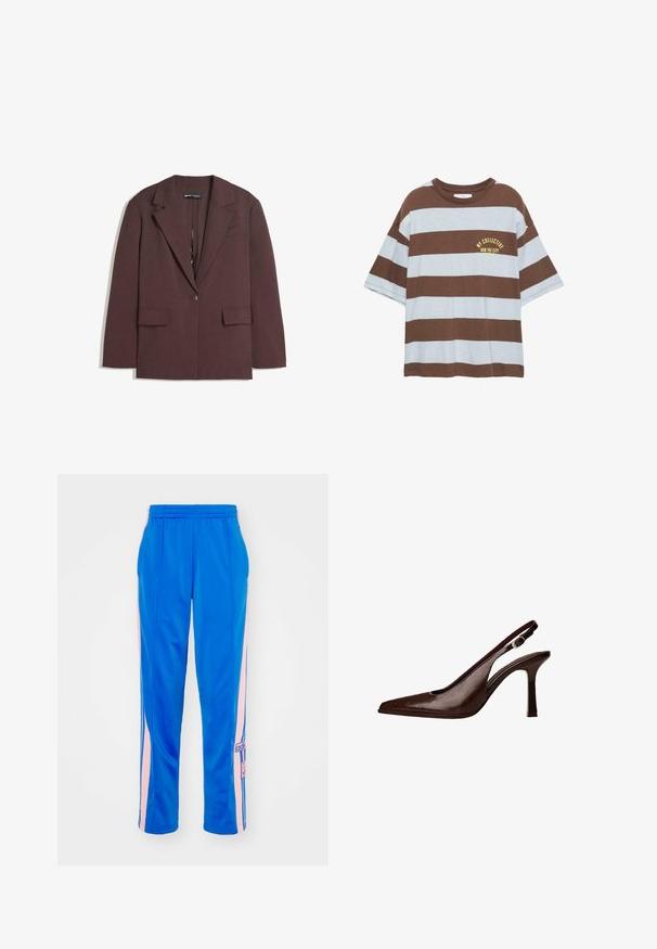 Burgundinen bleiseri, joka on valmistettu teksturoidusta kankaasta, jossa on viiksikaulus, yksittäinen nappisuljenta ja kaksi etutaskua.; T-paita lyhyillä hihoilla, ruskeavalkoisilla raidoilla ja pyöreällä kaula-aukkolla, jossa rinnassa keltainen printti "NY COLLECTIVE RUN THE CITY".; Siniset urheiluhousut, joissa on vaaleanpunaiset sivupinnat. Elastaanista valmistettu vyötärönauha ja logo-merkki vasemmassa lahkeessa. Suora, kevyt kangas ja rento istuvuus.; Kastanjan värinen nahkainen slingback-korkokenkä, jossa on terävä kärki ja ohut korko. Kengässä on pieni korostussolki vyössä ja kiiltävä pinta.