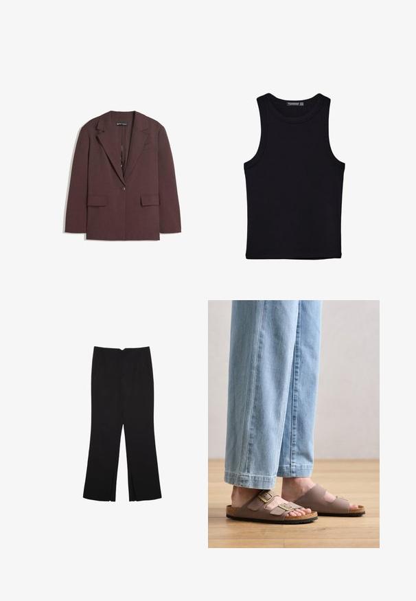 Bordo blejzer od teksturiranog materijala, s reverom na preklop, zatvaranjem na jedan dugme i dva prednja džepa.; Crni top bez rukava od pamuka, s okruglim izrezom i širokim izrezima za ruke. Glatka tekstura s ušivenim rubovima. Klasičan, minimalistički dizajn.; Crne hlače ravnog kroja, s prednjim džepovima i bočnim prorezima na rubu. Izrađene od mekog i glatkog materijala. Pogodne za razne prigode.; Smeđe sandale s dvostrukim kopčanjem i korkovim đonom, nošene uz svijetloplave, široke traperice. Uglatki materijal i dizajn s otvorenim nosom.