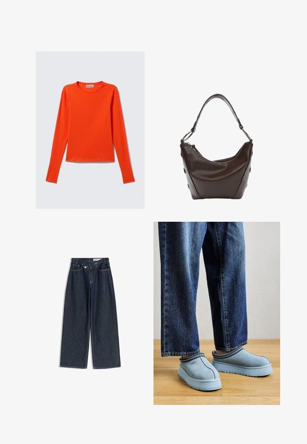 Maroon blazer made of textured fabric, featuring a notched lapel, single button closure, and two front pockets.; Long-sleeve, crew-neck shirt in bright orange. Made from smooth fabric with a fitted silhouette and straight hem. No visible patterns or accents.; Wide-leg, dark blue denim jeans with a high waist, five pockets, and contrast stitching. Features metal button and zipper closure.; Blue suede slip-on UGG shoes with thick soles worn with blue jeans on a wooden floor against a plain background.; Dark brown leather handbag with a curved shape, zip closure, and a short handle. Features metal hardware and decorative black buttons on the side.