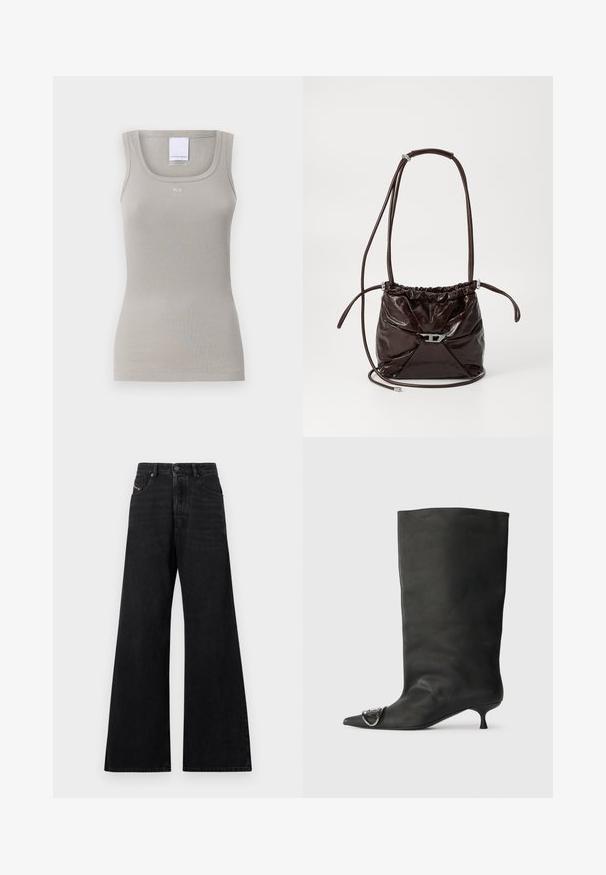 Burgundinen bleiseri, joka on valmistettu teksturoidusta kankaasta, jossa on viiksikaulus, yksittäinen nappisuljenta ja kaksi etutaskua.; Harmaa ribatettu tankkitoppi, jossa on pyöreä pääntie ja kapeat henkselit. Etupuolella on pieni logo ja kangas on yksinkertainen ja teksturoidun näköinen.; Musta leveälahkeiset farkut, valmistettu denimistä, joissa on korkea vyötärö, viiden taskun malli ja hillitty ompelus edessä.; Musta nahkainen nilkkabootsi, jossa on terävä kärki, pieni korko ja metallinen korostus kärjessä. Pehmeä, mattapintainen rakenne kauttaaltaan.; Tummanruskea kiiltävä nahkainen olkalaukku, jossa on riiputtava yläosa ja ohut säädettävä olkahihna. Edessä on pieni hopeanvärinen sulkija.